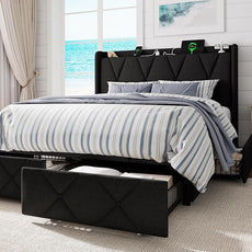 Full Size Bed Frame with 4 Large Storage Drawers, Upholstered Platform Bed with Charging Station, Modern Wingback Storage Headboard, Easy Assembly,Noise-Free, Black