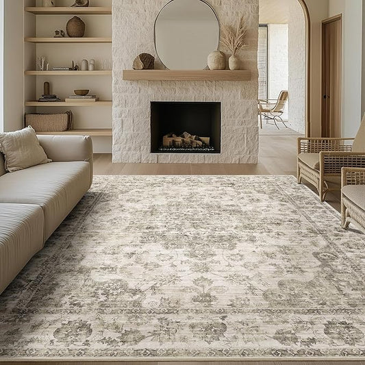 9x12 Neutral Area Rug Taupe Vintage Living Room Bedroom Carpet Non-Slip Soft Low Pile Washable Floral Indoor Indoor Large Throw Rug for Dining Room Office