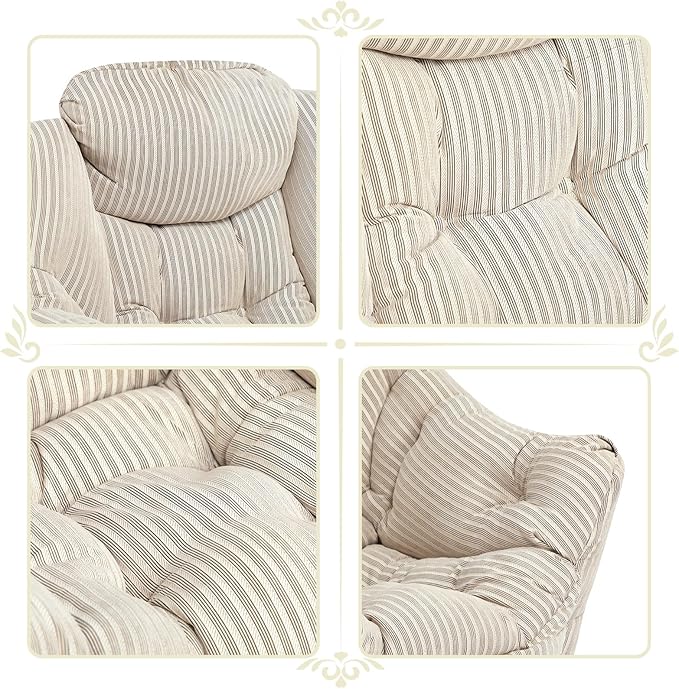 HollyHOME Lazy Chair with Foldable Ottoman, Accent Comfy Lounge Armchair and Folding Footrest Stool, Leisure Sofa Reading Chair and Footstool for Living Room, Bedroom, Dorm,Beige Stripe