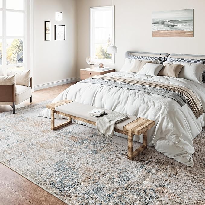 5x7 Washable Area Rug Beige Blue Abstract Living Room Bedroom Throw Rug Neutral Modern Non Slip Soft Low Pile Carpet for Kitchen Dining Room Office Entryway