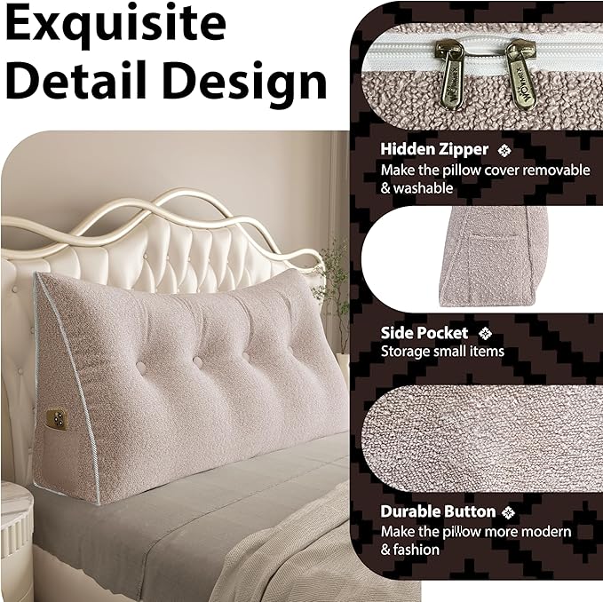 10 lbs Thickened Wedge Pillow Headboard Body Positioner Bed Wedge Pillow Backrest Support Triangular Headboard Pillow for Sleeping with Side Pocket Velvet Positioning Support Light Pink Full