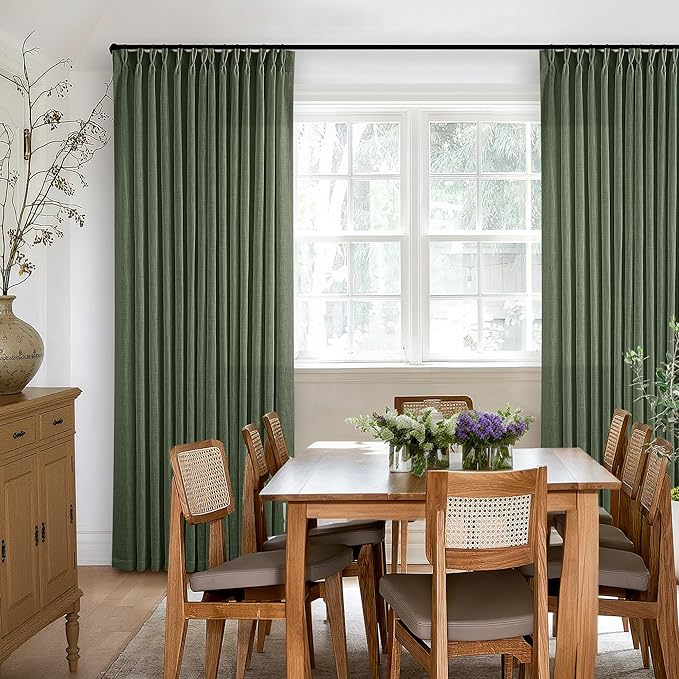 Olive Green Pinch Pleated Linen Curtains 92 Inches Long 2 Panels for Living Room Bedroom Semi Sheer Pinch Pleat Drapes with Hooks Rings Boho Farmhouse Light Filtering Window Curtain 40x92