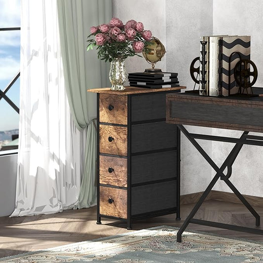 GiftGo Narrow Dresser Vertical Slim Dresser Chest of Drawers Skinny Storage Tower for Small Spaces Gaps Closet Bedroom Bathroom Small Fabric Drawer Unit (Rustic Brown, 4 Drawers)