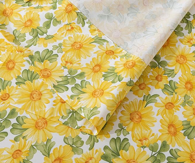 FADFAY Sunflower Sheets Set Queen Vintage Yellow Floral Bedding Rustic Botanical Sheets Shabby Floral Farmhouse Bedding 100% Percale Premium Cotton Soft Deep Pocket Fitted Sheet 4Pcs, Queen Size