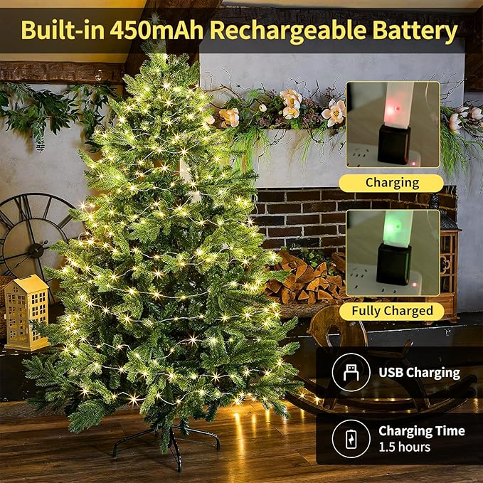 Rechargeable Fairy Lights Battery Operated, 33ft 100 LEDs String Lights with Remote, Waterproof, Mini Twinkle Lights for Bedroom, Christmas, Wedding, Indooor Outdoor Decor, Warm White