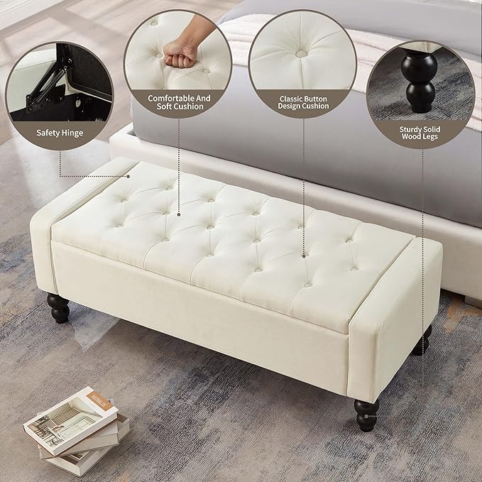 50" W Storage Ottoman Bench with Safety Hinge, Load up to 660 lb Ottoman with Storage, Upholstered Tufted Entryway Bench with Seating for Living Room, Bedroom, Entryway, Beige