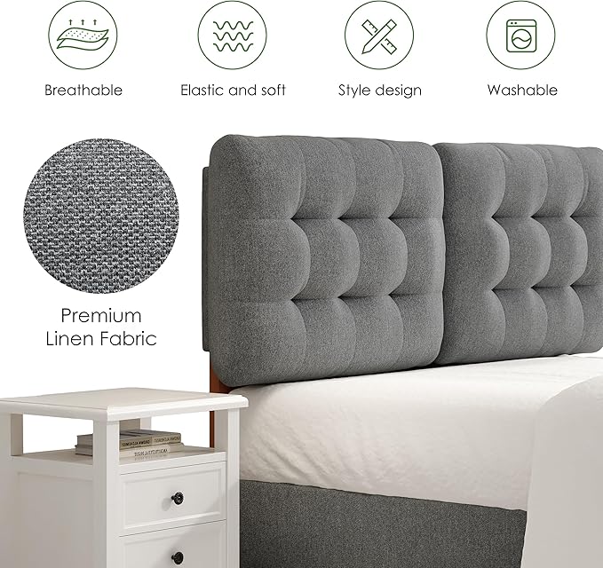 Tufted Upholstered Full Headboard, Adjustable Height Full Size Headboard Only from 39”to 44” with Durable Solid Wood Legs, Modern Button Diamond Fabric Head Board with Width Adapters, Grey