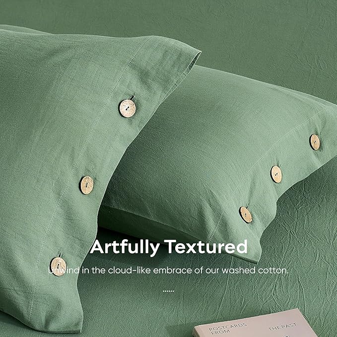JELLYMONI 100% Washed Cotton Standard Pillowcases Set, 2 Pack Linen-Like Texture Breathable Pillow Covers with Button Closure,Dusty Green Standard 20"×26"(Pillows are not Included)
