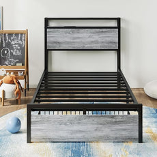 LIKIMIO Twin Bed Frames with Drawer, Storage Headboard with Outlets, No Box Spring Needed, Easy Assembly, Industrial Gray