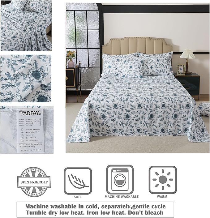 FADFAY Butterfly Sheets Set Queen Blue and White Sunflower Bedding Vintage Botanical Rose Floral Sheets Shabby Rustic Leaves Bedding 100% Percale Cotton Breathable Soft Deep Pocket 4Pcs, Queen Size