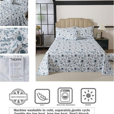 FADFAY Butterfly Sheets Set Blue and White Sunflower Bedding Vintage Botanical Rose Floral Sheets Shabby Rustic Leaves Bedding 100% Percale Cotton Breathable Deep Pocket 4Pcs, California King Size