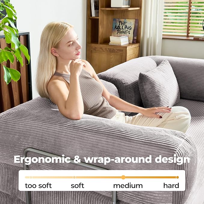 78 Inch Convertible Sofa Bed, Corduroy Boneless Couch with Fixed Frame and 4 Pillows, Modular Sectional Couch for Living Room Bedroom Studio Floor Bed Loveseat Sofa (Grey)