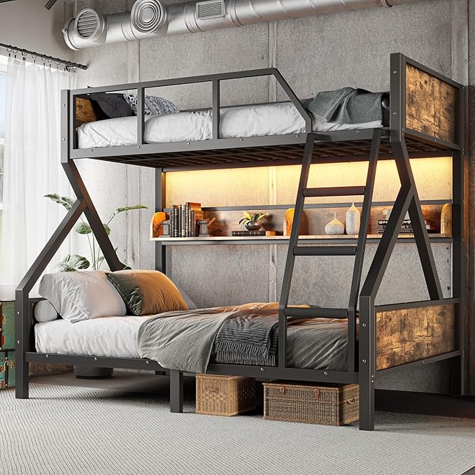 Twin over Full Bunk Bed with Storage Shelves, Metal Bunk Beds with Ladders and Lights, Heavy-duty Bunkbed for Bedrooms, Guest Rooms and Dorms, No Box Spring Needed and Noise-free Design, Woodgrain