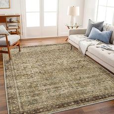 Area Rug 8x10 Washable Rug Brown Vintage Traditional Mat Distressed Indoor Foldable Thin Retro Accent Floral Non Slip Carpet Living Room Dining Room Office