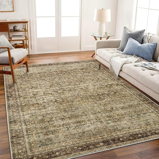 Area Rug 8x10 Washable Rug Brown Vintage Traditional Mat Distressed Indoor Foldable Thin Retro Accent Floral Non Slip Carpet Living Room Dining Room Office