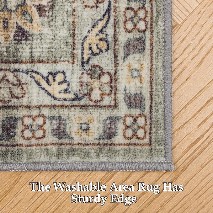 RCTJHOME 8'x10' Washable Area Rugs for Standard Sofa Living Room/Queen Bedroom, Ultra Soft Non-Slip Accent Large Carpet, Dining Room, Home Office, Low Pile Vintage Rug Distress Floral Forest Green
