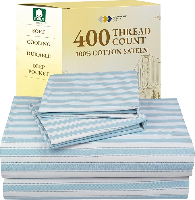 California Design Den Full Size Bed Sheets Set - 400 Thread Count Sateen, Natural 100% Cotton Sheets, Deep Pocket and Durable Bedding Set - Cape Stripe CaliforniaDesignDen