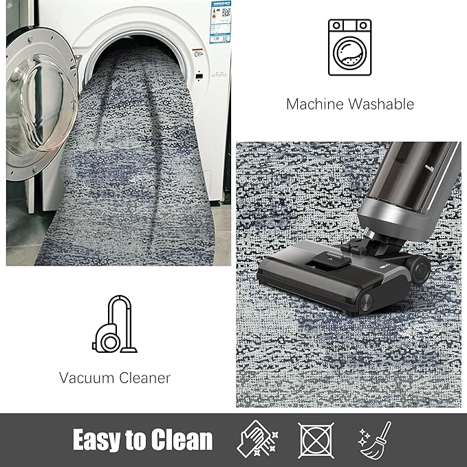 RUGSURE Washable Area Rug - 1/6 Thick - Stain & Water Resistant Non-Slip - Resistant Rug for Living Room, Bedroom, Nursery, Pet & Child Friendly, Vintage Charm Area Rugs (Grey+LightTeal, 2'6'' x 8')