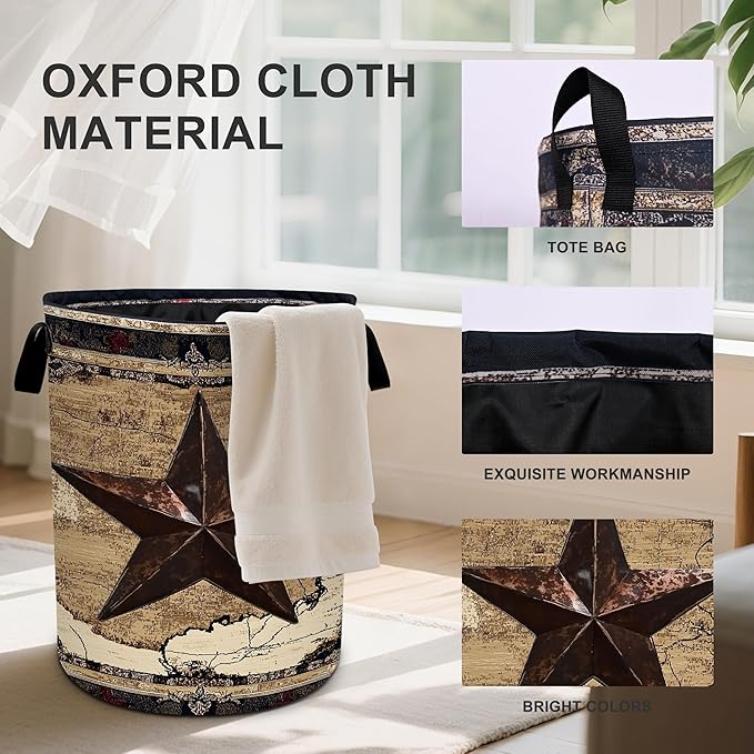 Western Texas Star Laundry Basket Foldable Oxford Cloth Tote Bag Laundry Hamper Clothes Storage Bucket Organizer For Bathroom/Laundry Storage/Bedroom 19.6x15.7 Inch