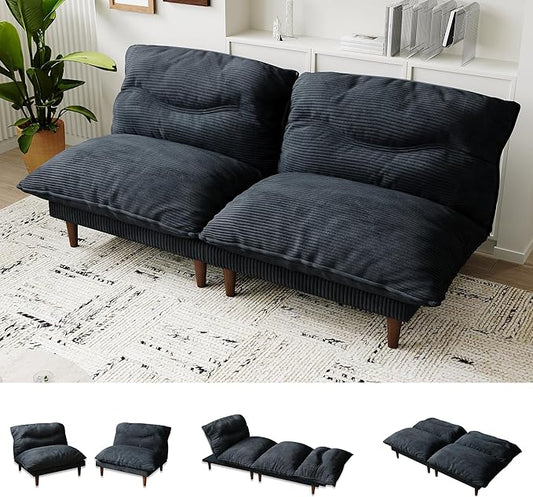 Futon Sofa Bed, 4 in 1 Multi-Functional Futon Couch with Adjustable Backrest, 75 inch Convertible Sleeper Sofa Bed and Recliner Lounge, Corduroy Loveseat for Living Room, Apartment, Black