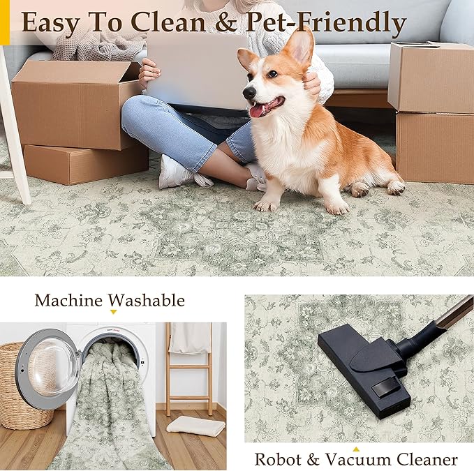 Green Runner Rug 2x6 Washable Vintage Carpet Hallway Kitchen Soft Retro Low Pile Thin Indoor Bedroom Non Slip Oriental Medallion Long Throw Rug for Bathroom Laundry Dining Room