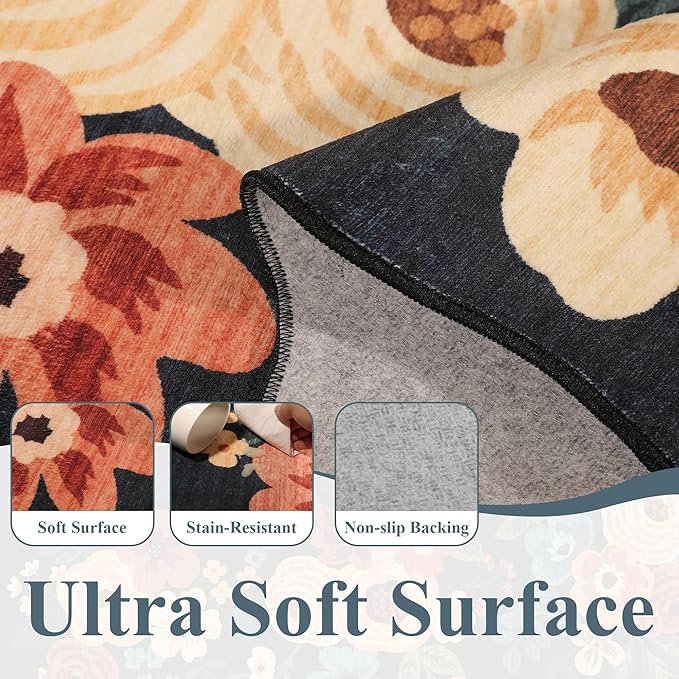 DUKINO 2x4 Washable Runner Rugs, Non Slip Floral Print Entryway Rug with Soft Low Pile, Lightweight Mat for Living Room, Bathroom, Bedroom, Kitchen, Navy Blue