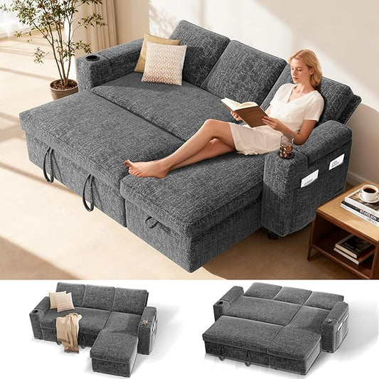 Sunny Heart L-Shaped Sleeper Sofa with Pull Out Bed, 82" Sectional Couch with Reclining Backrest, Reversible Storage Chaise, Armrest Storage, Cup Holders, Side Pockets, Tool-Free Assembly, Grey
