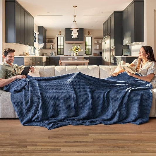 Bedsure Gentlesoft 100% Cotton Blanket Queen Size for Bed - Breathable and Soft, Thick Cozy Waffle Weave Christmas Blanket Gift for Women, Navy, 90x90 Inches