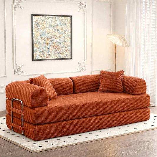 Convertible Sleeper Sofa Bed, Corduroy Floor Couch with Fixed-Shape Frame, Comfy Modular Floor Sofa with Pull Out Bed, Loveseat Sleeper Boneless Couch for Living Room, Orange