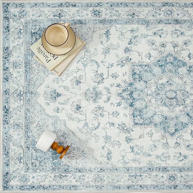 Blue Area Rug 4x6 Washable Vintage Carpet for Office Living Room Soft Retro Low Pile Thin Indoor Rug Non Slip Oriental Medallion Floor Cover for Bedroom Kitchen Dining Room