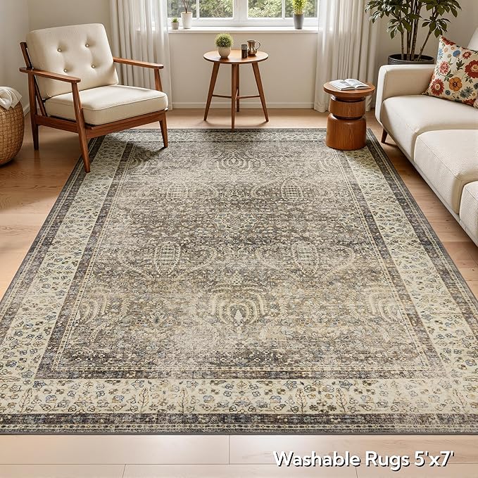 RCTJHOME 5'x7' Washable Area Rugs for loveseat Living Room/Twin Bedroom/Study Room, Modern Abstract Soft Carpet, Low Pile Floor Rug with Non Slip Backing for Dining Room, Retro Golden Brown Multi