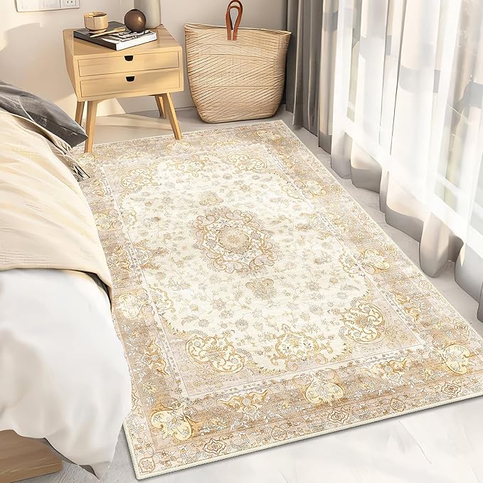 Boho Rug 3'x5',Washable Area Rugs for Bedroom Living Room Kitchen Entryway Bedside,Small Vintage Bohemian Distressed Non Slip Carpet,Beige Gold Floral