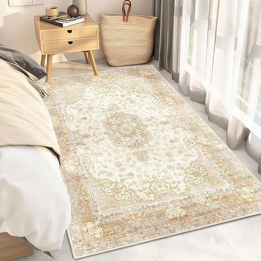 Boho Rug 3'x5',Washable Area Rugs for Bedroom Living Room Kitchen Entryway Bedside,Small Vintage Bohemian Distressed Non Slip Carpet,Beige Gold Floral