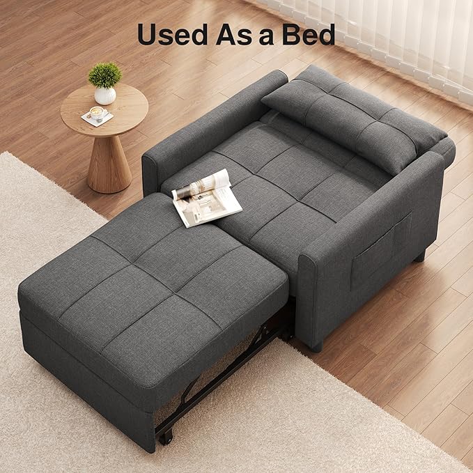 Ahomly Convertible Sofa Bed, 3-in-1 Multi-Functional Sleeper Chair Bed, Adjustable Backrest Recliner with Modern Linen Fabric for Living Room Bedroom Apartment Small Space, Dark Grey