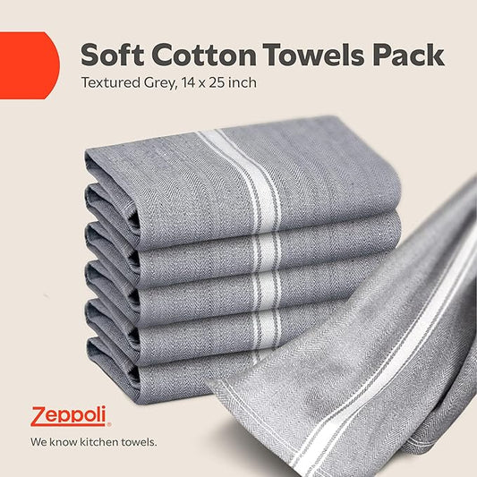 Zeppoli Classic Kitchen Towels - 30 Pack 100% Natural Cotton Towel Set, Reusable Wash Cloths, Absorbent Dish Towels, Machine Washable Hand Towels, Kitchen Essentials - 14” by 25” - Gray Base