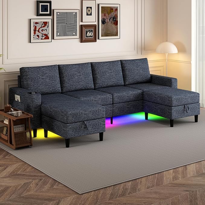 Sectional Couches for Living Room, 4 Seat Sectional Sofa with Smart Module-Wireless Charging/USB/Type-C/RGB Light, U Shaped Couch with Reversible Chaise Lounge/Storage Ottoman (Blue)