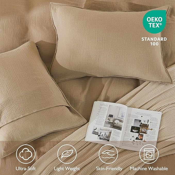 EMME Muslin Cotton Duvet Cover Set Twin Size Khaki Linen Like Soft Breathable Lightweight Summer Comforter Cover Set with Zipper Closure (Khaki, Twin, 68"x90")