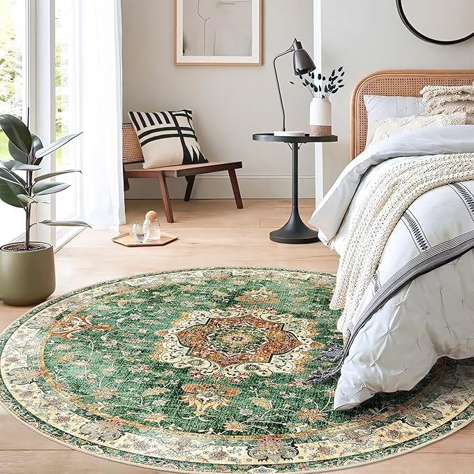 Green Round Rug 5ft, Circle Boho Area Rugs for Bedroom Living Room Bedside,Washable Vintage Bohemian Distressed Oriental Floral Carpet Non Slip,Retro Sage Floral