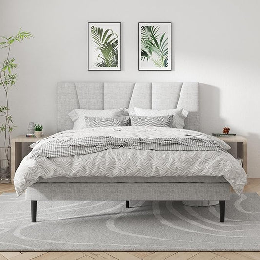 Queen Size Platform Bed Frame with Geometric Upholstered Headboard, Noise Free, Wooden Slats Support, No Box Spring Needed, Easy Assembly, Light Grey, Linen
