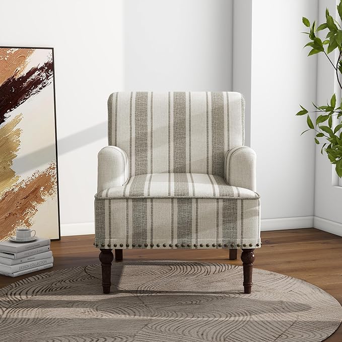 Accent Chair, Mid Century Modern Comfy Armchair for Living Room, Linen Fabric Single Sofa Lounge for Reading Bedroom Apartment Waiting Room with Wood Legs (Brown Stripe, Set of 1)