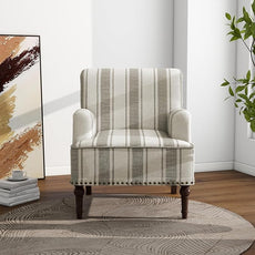 Accent Chair, Mid Century Modern Comfy Armchair for Living Room, Linen Fabric Single Sofa Lounge for Reading Bedroom Apartment Waiting Room with Wood Legs (Brown Stripe, Set of 2)