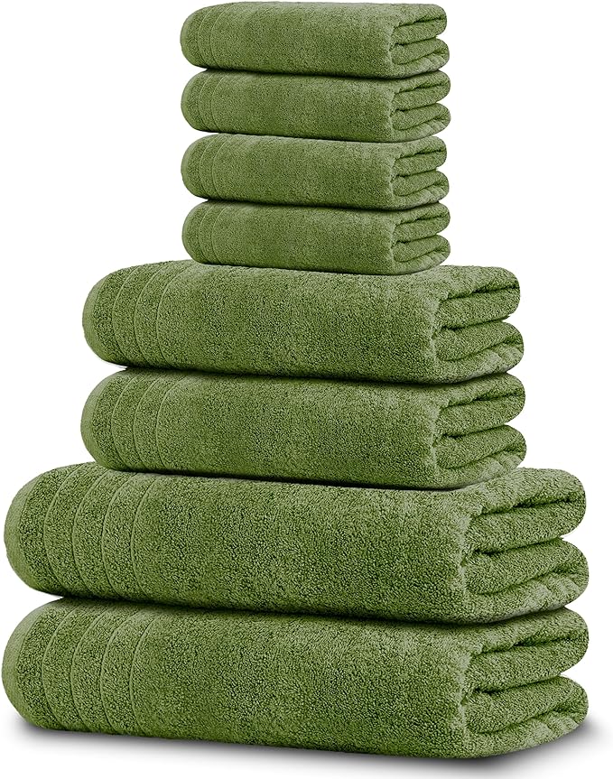 Tens Towels Pack of 8 Towels Set, 2 Extra Large Bath, 2 Hand, 4 Washcloths, 100% Cotton, Lighter Weight, Quicker to Dry, Super Absorbent, Perfect for Bathroom, Green