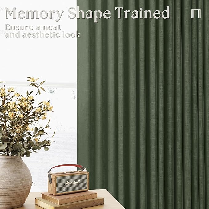 Loden 120 Inch Long Curtains Extra Long Olive Green Linen Pinch Pleated Curtains 2 Panels for Living Room Bedroom Thick Linen Pleated Hooks Rings Back Tab 120 Inch Drapes for Large Window