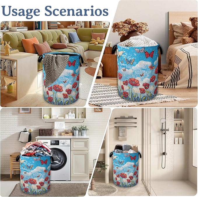 Vintage Poppy Flowers Laundry Basket,Foldable Waterproof Oxford Cloth Tote Bag Butterfly Laundry Hamper with Handles,20.8"x16" Clothes Storage Bucket Organizer for Laundry Room, Bathroom, Bedroom