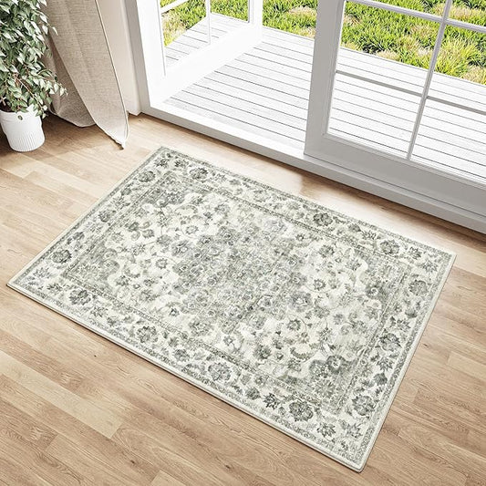 2x3 Washable Neutral Area Rug Green Vintage Entryway Kitchen Carpet Non-Slip Soft Low Pile Floral Indoor Small Throw Rug for Bedroom Bathroom Entrance
