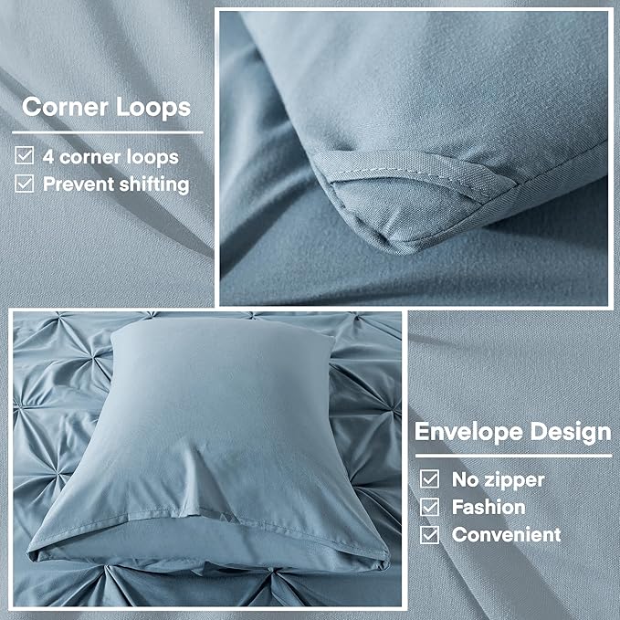 Andency Queen Comforter Set Grayish Blue, 3 Pieces Pinch Pleat Bedding Comforters & Sets, Pintuck Lightweight Fluffy All Season Bed Set for Women Men Girls(90x90Inch)