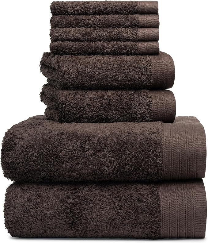 Premium 8 Pieces Towel Set Including 2 Bath Towels 30" x 56", 2 Hand Towels 18" x 30" and 4 Washcloths 13" x 13" - Color: Chocolate | Pure Cotton |Machine Washable high Absorbency