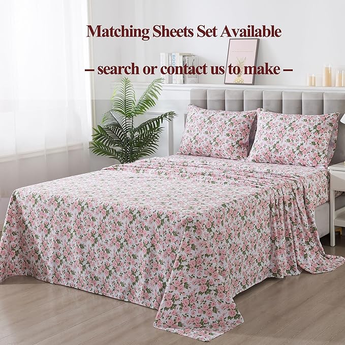 FADFAY Duvet Cover Set Queen Pink Rose Floral Bedding Vintage Peony Flower Quilt Cover Set Shabby Farmhouse Bedding 100% Cotton Ultra Soft Comforter Cover with Hidden Zipper Closure 3Pcs, Queen Size