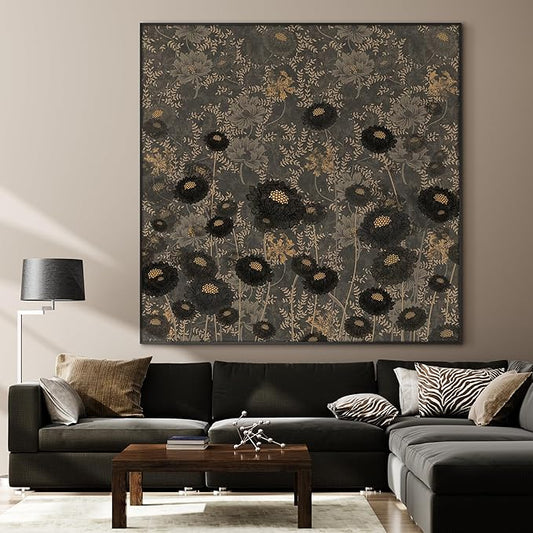 60"x60" XL Framed Wall ArtVintage Floral Pattern Dark Botanical Print with Gold Accents (Frame Assembly Required)