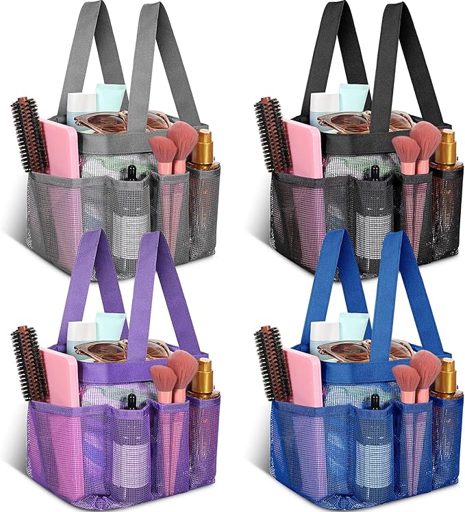 Hillban 4 Pcs Mesh Shower Caddy Portable Large Quick Dry Shower Caddy Basket with Deeper 8 Pockets and 2 Handles Hanging Bag for College Dorm Room(Blue, Purple, Black, Gray)